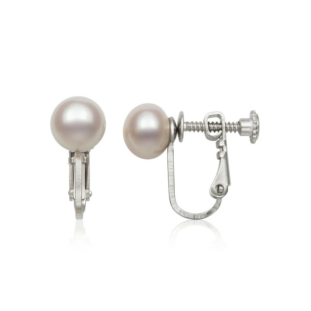 925 Sterling Silver Rhodium-plated 8-9mm White Button Freshwater Cultured Pearl Non-pierced Earrings 